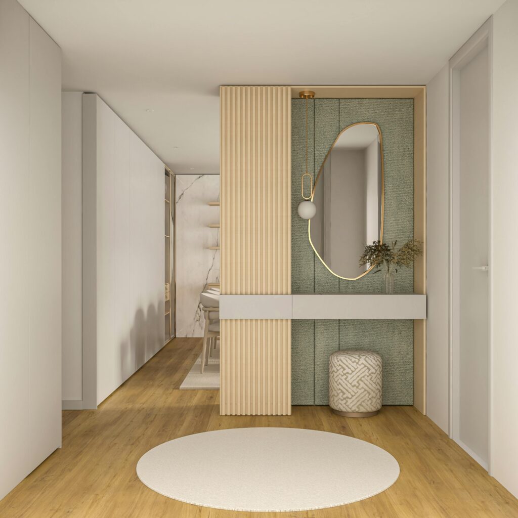 Elegant modern hallway with minimalist decor and a unique wooden mirror.